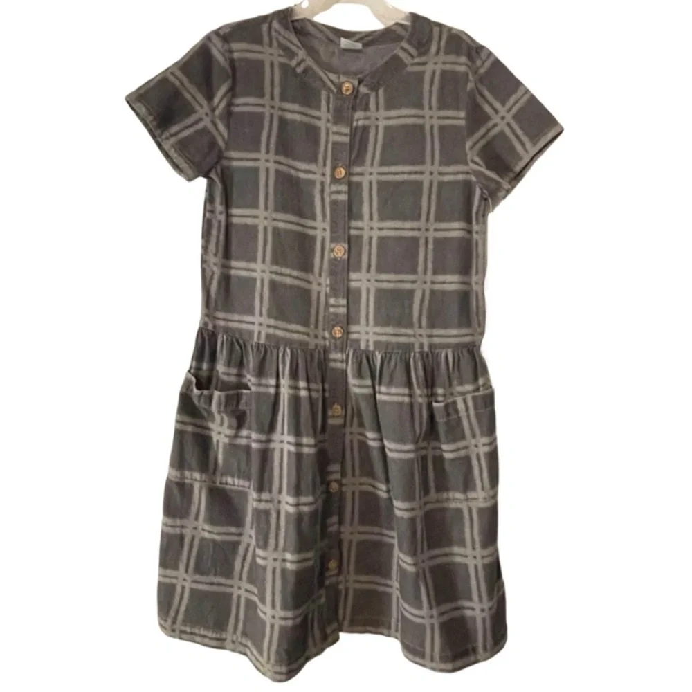 Wonder Nation Girls Large Windowpane Grey Pocket Dress NWT
